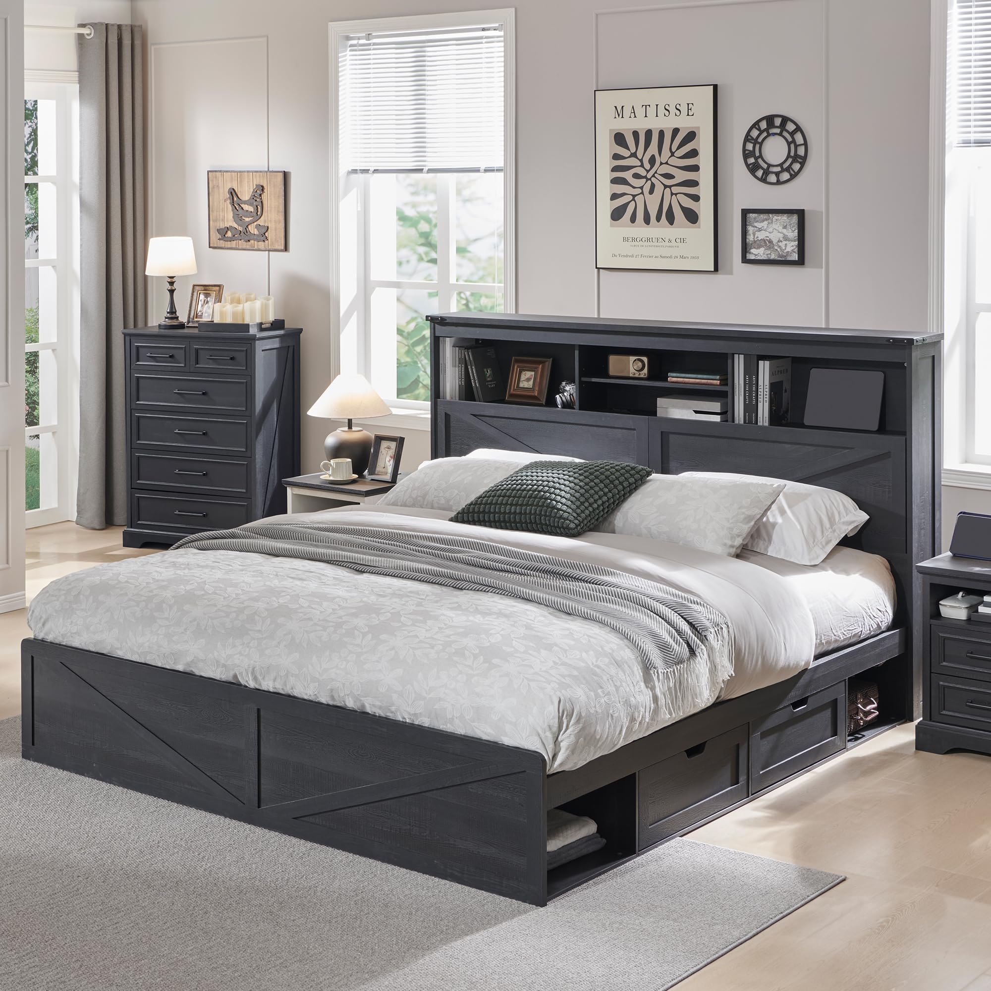 King Size Bed Frame With Storage Drawers - Каркас кровати в стиле «фермерский дом»